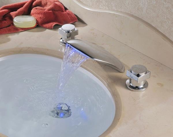 Two Handles Chrome Finish Color Changing LED Bathtub Waterfall Faucet--Faucetsdeal.com