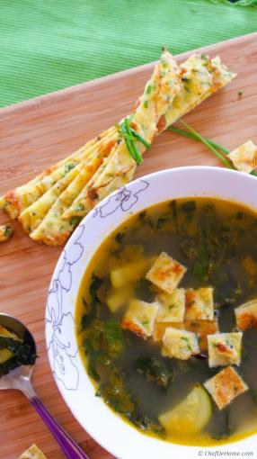Kale and Zucchini Summer Soup with Chive Frittatine Croutons Recipe - ChefDeHome.com