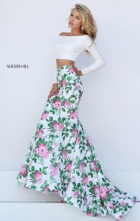 Off The Shoulder Neckline Long Sleeves Ivory Pink Floral Printed 2017 Two Piece Long Prom Dresses