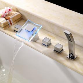 Chrome Finish Color Changing LED Hydropower Waterfall Widespread Tub Faucet   At FaucetsDeal.com