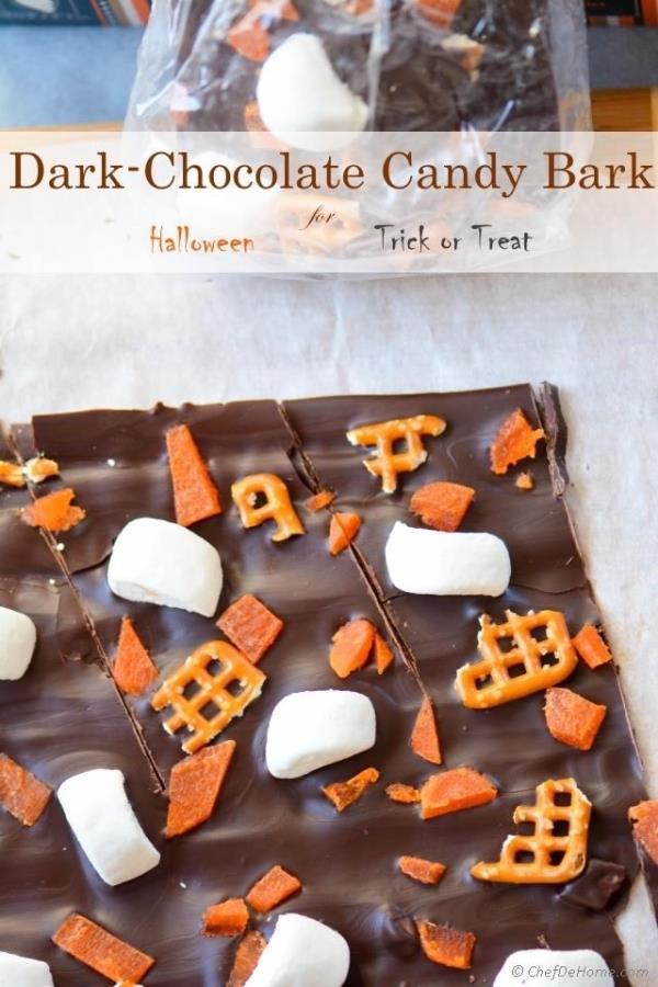 Dark-Chocolate Candy Bark with Marshmallow and Pretzels for Trick-or-Treat Recipe - ChefDeHome.com