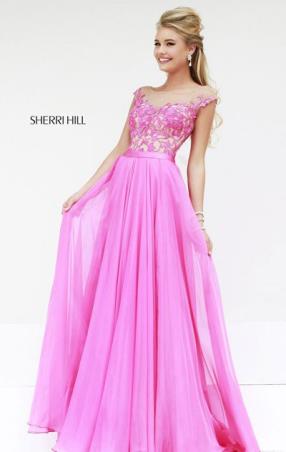 Cheap High-Neck Pink Nude Sherri Hill 11151 A-Line Beaded Long Lace Prom Dresses