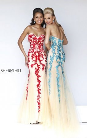 Sherri Hill 1921 Open Back Nude Red Embellished Strapless Prom Dress Outlet