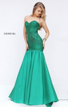 2016 Emerald Strapless Beaded Patterned Open Back Sweetheart Neckline Long Satin Evening Gown