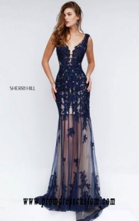 V-Neck Navy Beaded 2016 Sherri Hill 50256 Bodice Long Sheer Prom Dresses