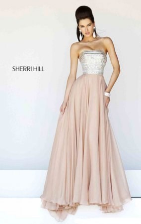 Nude Sherri Hill 1539 Chiffon Beaded Square A-Line Evening Gown Cheap