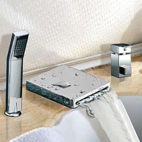 Widespread Chrome Finish Contemporary Waterfall Two Handles Tub Faucet With Handshower--Faucetsmall.com