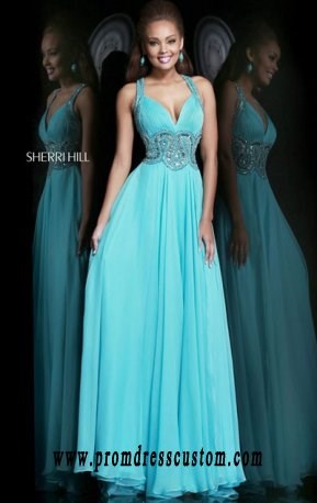 Beaded Sherri Hill 11102 Cheap Sweetheart-Neck Aqua Long Chiffon Evening Gown