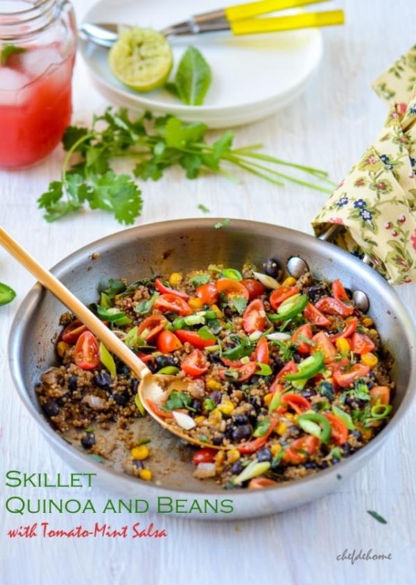 Southwest Skillet Quinoa (Rice) and Beans with Tomato-Mint Salsa Recipe -ChefDeHome.com