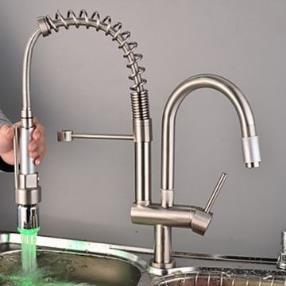 Brushed Finish - Single Handle Double Head Brass LED Spring Kitchen Faucet--Faucetsmall.com