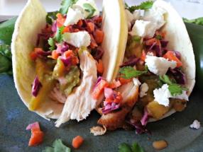 Blackened Chicken Tacos with Grilled Peach and Avocado Salsa, Asian Slaw and Goat Cheese