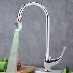 Contemporary LED Pullout Spray Brass Chrome Kitchen Faucet--Faucetsdeal.com