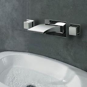 Two Handles LED Waterfall Chrome Wall Mounted Bathroom Sink Faucet--Faucetsdeal.com