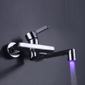 Brass Chrome Finish Kitchen Faucet with Color Changing LED Light (Wall Mount)--Faucetsuperseal.com