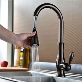 Oil-rubbed Bronze Finish Traditional One Hole Single Handle Deck Mounted Rotatable Pullout Spray Kitchen Faucet--Faucetsmall.com