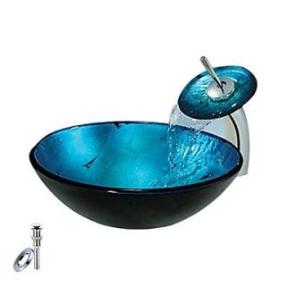 Blue Round Tempered glass Vessel Sink With Waterfall Faucet, Mounting Ring and Water Drain--Faucetsmall.com