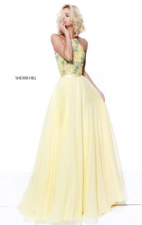 Floral Embroidered Applique Yellow Halter Neckline 2017 Beaded Sherri Hill 50931 Long Chiffon Evening Gown
