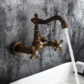 Antique inspired Bathroom Sink Faucet - Wall Mount (Antique Brass Finish) At FaucetsDeal.com