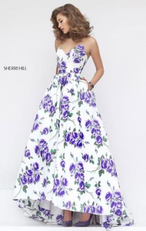 Ivory Purple Strapless Sherri Hill 50482 Sweetheart Neckline 2017 Long Floral Printed Prom Dresses
