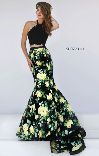 Sherri Hill 50026 Halter Neckline Two Piece Black 2016 Floral Printed Long Mermaid Dresses