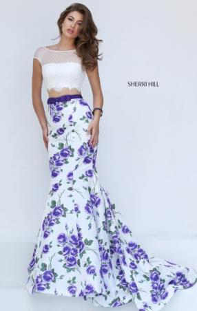 Ivory Purple Cap Sleeves Boat Neckline 2017 Floral Printed Two Piece Long Prom Dresses