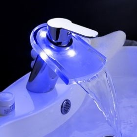 Color Changing LED Waterfall Bathroom Sink Faucet with Pop up Waste--FaucetSuperDeal.com