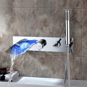Chrome Finish Color Changing Wall Mount Tub Faucet With Hand Shower--Faucetsdeal.com