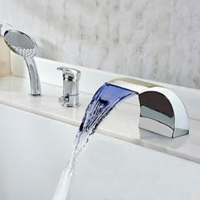 Chrome Finish Multi-color LED Widespread Waterfall Tubfaucet with Hand Shower--Faucetsmall.com
