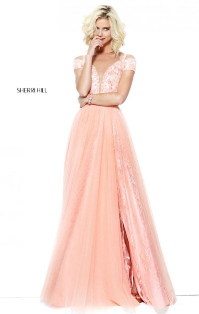 Plunging V Neckline Sherri Hill 50874 Floral Embroidered Bodice Peach Cap Sleeves Pleated Long Chiffon Evening Dresses 2017