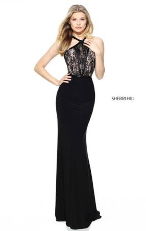 Beaded Embellishments Lace Bodice Black Halter Neckline Sherri Hill 50998 Long Jersey Prom Dresses 2017