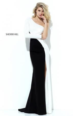 2017 Long Sleeves Ivory Black One Shoulder Sherri Hill 50648 Long Slit Prom Dresses