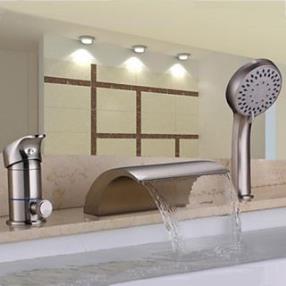 Nickel Brushed Three Holes Single Handle Waterfall Handshower Included Bathtub Faucet with Hand Shower--FaucetSuperDeal.com
