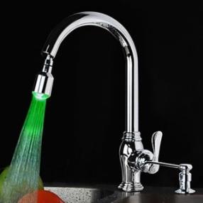 Brass Pull Out Kitchen Faucet with Color Changing LED Light - Spring--FaucetSuperDeal.com