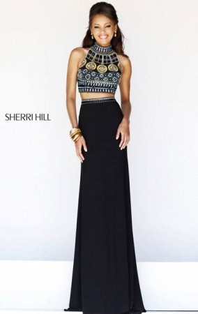 Sherri Hill 11068 Two Piece Halter With Beads Cutout Slim A-Line Evening Gown