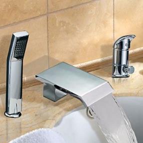 Contemporary Chrome Finish Widespread Two Handles Waterfall Tub Faucet With Handshower--Faucetsmall.com