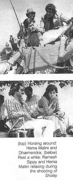 Sholay behind the scene photo, Basanti relaxing between shoot with Ramesh Sippy