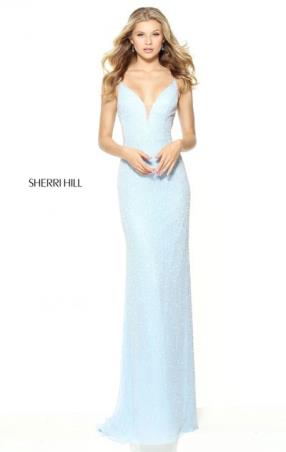 Sherri Hill 50860 Beaded Embellishments Sleeveless Light Blue Open Back Plunging V Neckline 2017 Long Sheer Evening Dresses