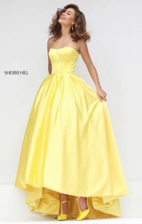 Sherri Hill 50226 Satin Long Pleated Prom Dresses Straight Neckline 2016 Strapless Yellow