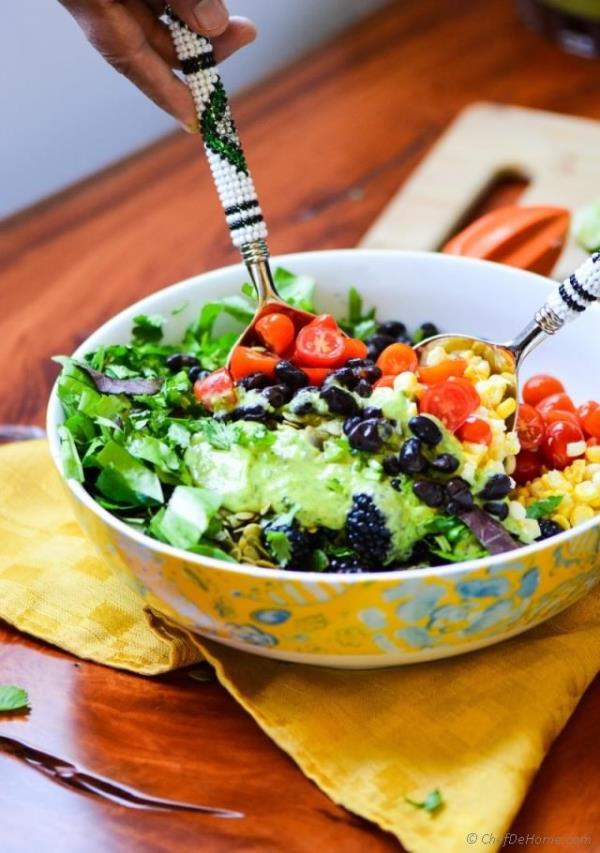 Mexican Black Bean and Berry Salad with Avocado Lime Dressing Recipe #saladforlunch - ChefDeHome.com