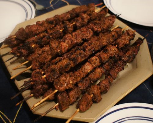 Mouth watering Shashlik by Karl on jabberwockystew.wordpress.com. Shashlik (or Kabobs) is Central Asian name for a kabob, something on a skewer.
