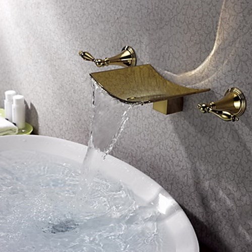 Two Handles Waterfall Brass Ti-PVD Wall Mounted Bathroom Sink Faucet--Faucetsdeal.com