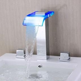 Contemporary Waterfall Wall-mounted Chrome Finish LED Glass Spout Bathroom Tub Faucet--Faucetsmall.com