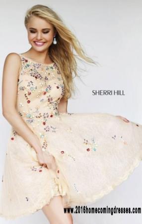 2016 Open Back Sherri Hill 4305 Jeweled Blush Multi High Neck Lace Short A-Line Homecoming Dresses Outlet