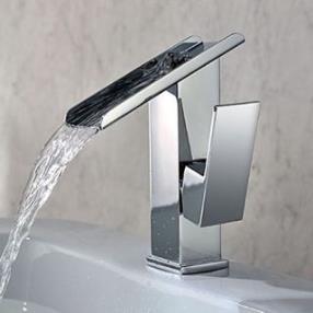Single Handle Contemporary Solid Brass Waterfall Bathroom Sink Faucet--FaucetSuperDeal.com