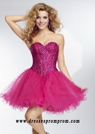 Dazzling Cerise Beaded Top Strapless Corset Back Cocktail Dress