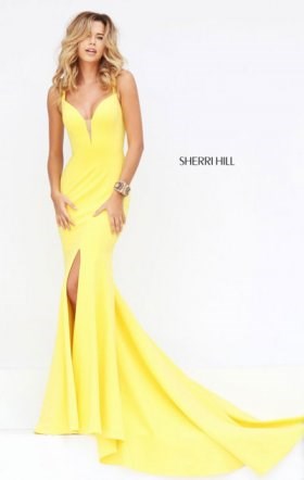 Plunging V Neckline Yellow Open Back 2016 Sleeveless Slit Long Satin Prom Dresses