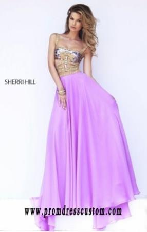 Cutout Square-Neck 2015 Sherri Hill 32134 Beaded Purple Long Bodice Prom Dresses