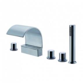Chrome Widespread Waterfall Bathtub Faucet with Hand Shower--FaucetSuperDeal.com