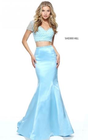 2017 Beaded Patterned Sherri Hill 51196 Cap Sleeves V Neckline Light Blue Two Piece Long Satin Prom Dresses