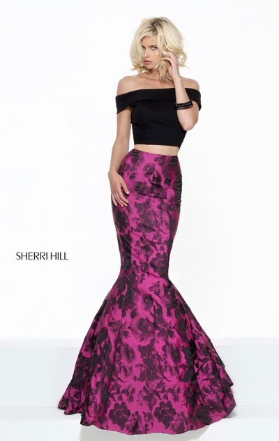 2017 Floral Printed Off The Shoulder Sherri Hill 50876 Two Piece Black Fuchsia Long Prom Dresses
